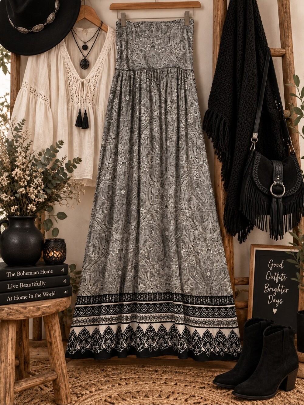Bohemian Black & White Paisley Maxi Skirt Dress Medium